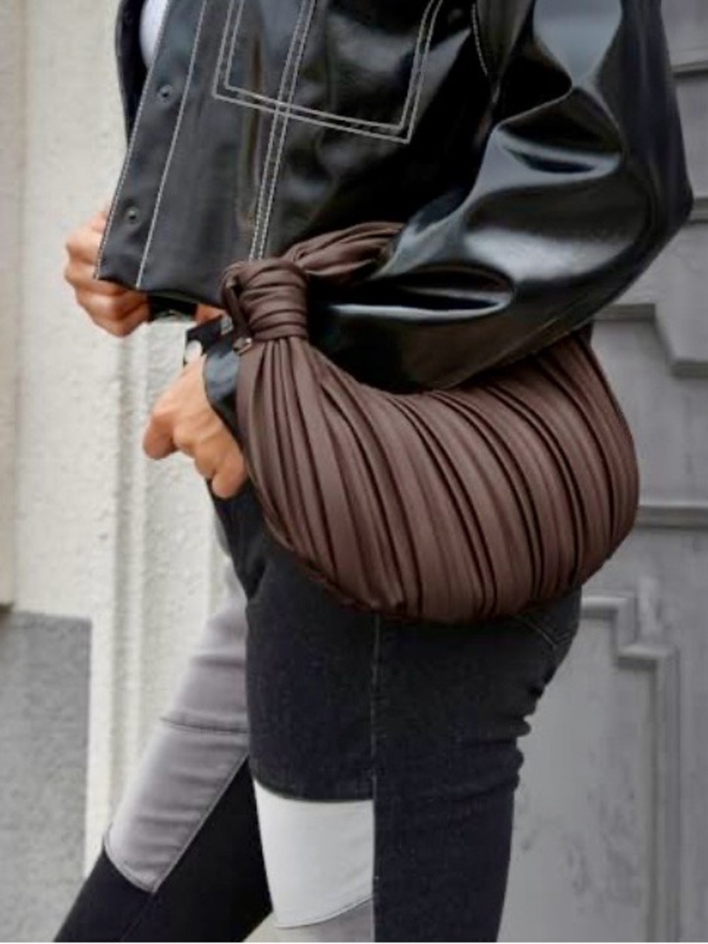 Chocolate Brown Knotted Pleated Shoulder Bag